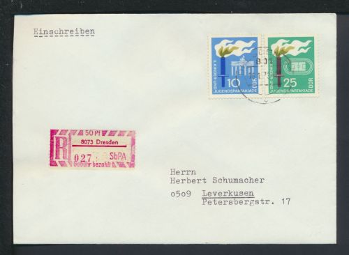 DDR R-Brief Sonder R-Zettel Dresden Sachsen 1973 Leverkusen NRW Kinder u
