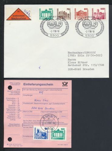 Bund DDR Brief Bauwerke Nachnahme selt SST Deutschlandia 1990 Bonn NRW Dresden