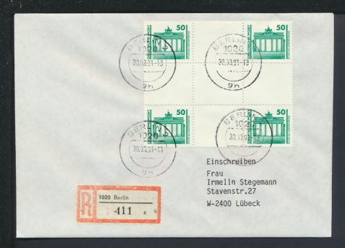 Bund DDR Zusammendruck Bauwerke R-Brief Berlin 1991 Lübeck Schleswig-Holstein