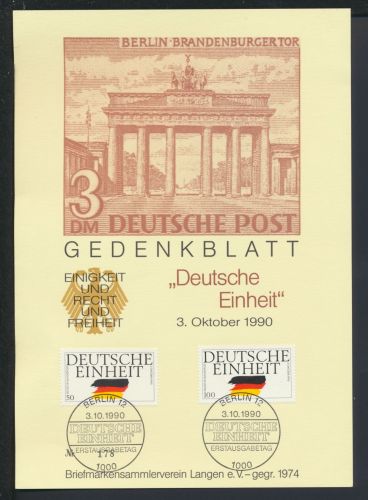 Bund Gedenkblatt Brandenburger Tor selt SST Deutsche Einheit Berlin 1990