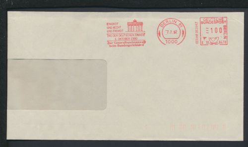 Bund Brief selt SST AFS Tag der Deutschen Einheit 1992 Berlin Freistempel