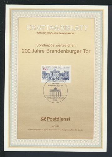 Bund Ersttagsblatt 200 Jahre Brandenburger Tor Bonn 1991
