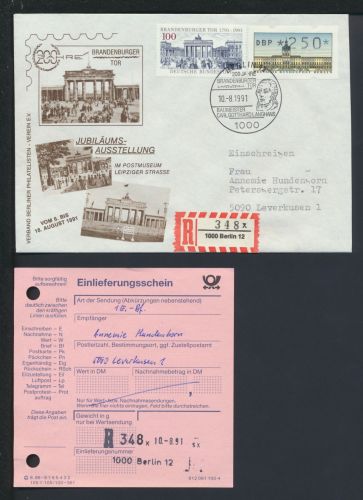 Bund Berlin R-Brief selt SST 200 Jahre Brandenburger Tor Berlin CG Langhans1991