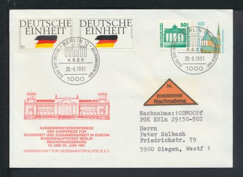 Bund Privatganzsache Nachnahme SST KSZE Berlin 1991 Siegen NRW Brandenburger Tor