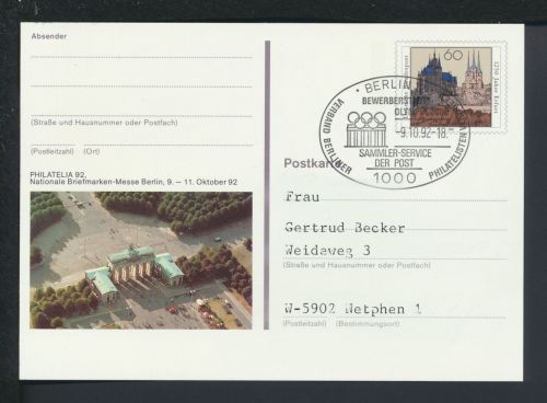 Sport Bund Ganzsache SST Bewerberstadt Olympia 2000 Berlin 1992 Netphen NRW