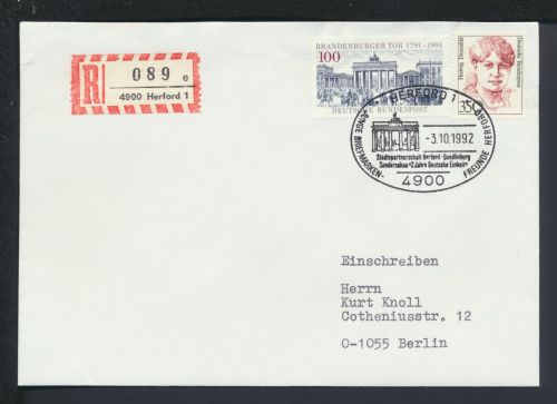 Bund R-Brief selt SST 2 Jahre Deutsche Einheit Herford NRW 1992 Berlin