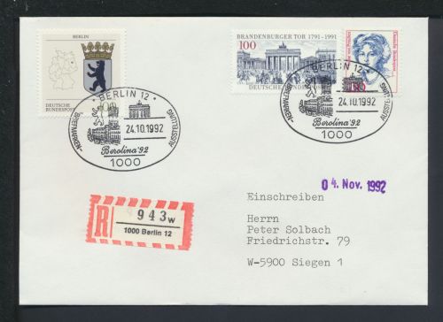 Bund R-Brief selt SST Berolina 92 1992 Berlin Siegen NRW Brandenburger Tor