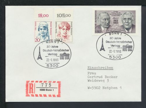 Bund R-Brief selt SST 30 Jahre Deutsch Französischer Vertrag Bonn 1993 Netphen