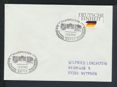 Bund R-Brief selt SST Tag der Deutschen Einheit 1993 Saarbrücken Saarland