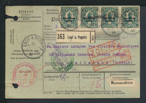 Bayern Paketkarte MIF Bayern Abschied Lauf an der Pegnitz 1921 Valamand Schweiz