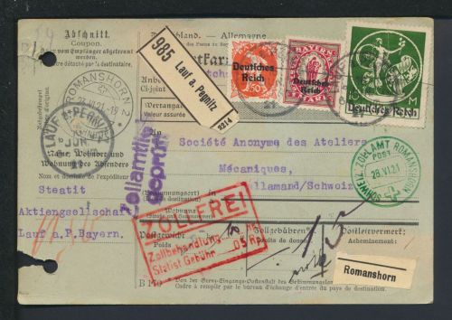 Bayern Paketkarte MIF Bayern Abschied Lauf an der Pegnitz 1921 Valamand Schweiz