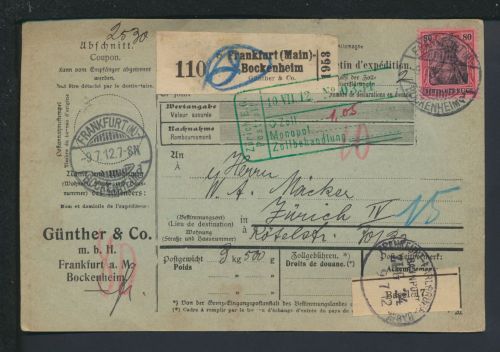 Bahnpost Frankfurt Karlsruhe Basel Zug 24 Deutsches Reich Paketkarte Frankfurt