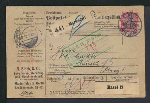 Deutsches Reich Paketkarte Berlin 1913 Zürich Schweiz