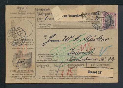 Reklame Andree Werkzeugfabrik Deutsches Reich Paketkarte Berlin 1913 Zürich