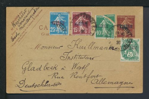 Frankreich Algerien Ganzsache plus ZuF 1925 Deutschland Gladbeck NRW