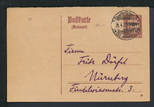 Altdeutschland Antwort Ganzsache Bayern Saarbrücken Nürnberg 1920