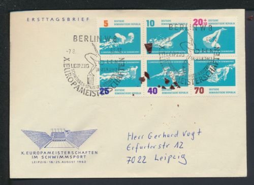 Sport Zusammendruck Brief DDR Berlin Europameisterschaft Schwimmen Leipzig