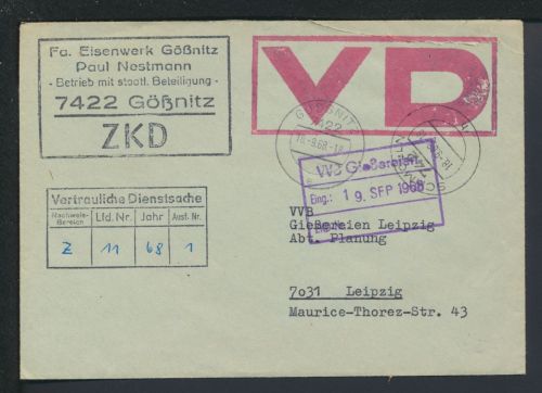 DDR R-Brief Vertrauliche Dienstsache Gößnitz Thüringen Leipzig Sachsen 1968