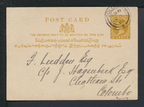 Karte Ganzsache Ceylon Sri Lanka Übersee Colombo 1902
