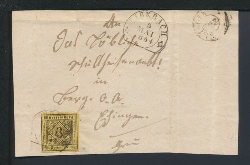 Briefvorderseite Württemberg Altdeuschland Segmentstempel Biberach 1854