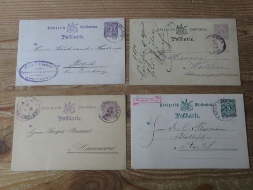 Altdeutschland Württemberg Stempel Sammlung auf 35 Ganzsachen ca. 1880-1896