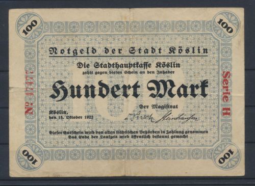 Köslin Pommern Kr. Köslin Koszalin Ostgebiete Geldschein Banknote 100 Mark II_III