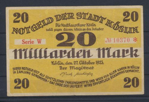 Köslin Pommern Kr. Köslin Koszalin Ostgebiete Geldschein Banknote 20 Mill II_III