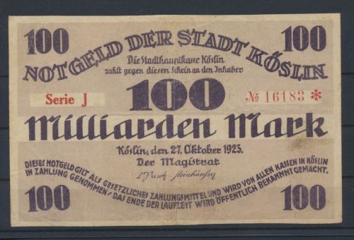 Köslin Pommern Kr. Köslin Koszalin Ostgebiete Geldschein Banknote 100 Milliarden