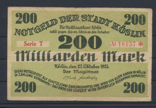 Köslin Pommern Kr. Köslin Koszalin Geldschein Banknote 200 Miliarden Milliarden