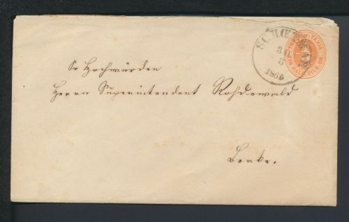 Altdeutschland Thurn & Taxis Ganzsache K1 Schoetmar Lippe nach Lemgo 30.8.1866