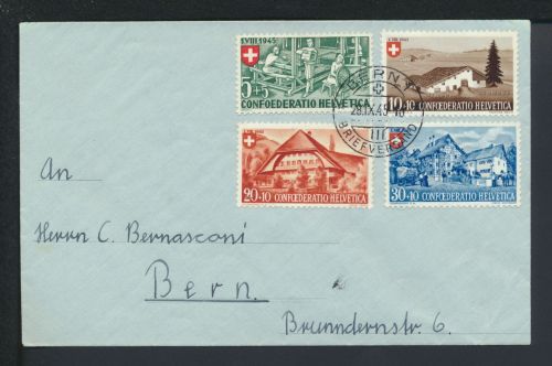 Schweiz Brief Bern 460-463 Pro Patria Berufe Landhäuser Ausgabe 1945 KatWert 60,00
