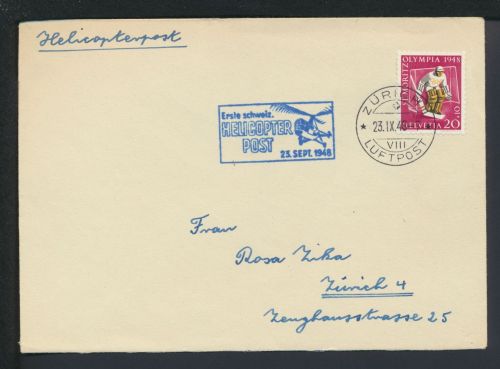 Flugpost Hubschrauber Brief 1. Helicopter Post Schweiz Zürich 23.9.1948