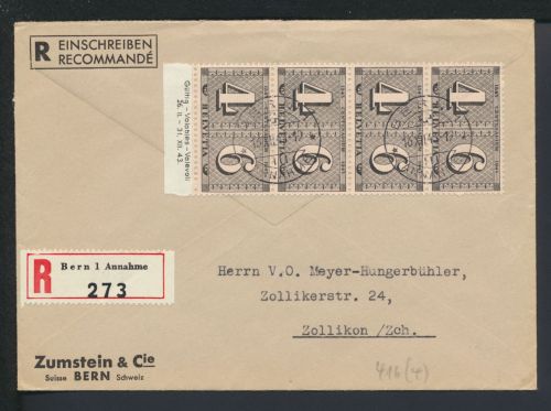 Schweiz R Brief MEF 416 8er Block mit Druckdatum Bern nach Zollikon 16.12.1943