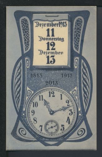Deutsches Reich Privatganzsache Kalenderblatt in Jugendstil Uhr Leipzig 11.12.13