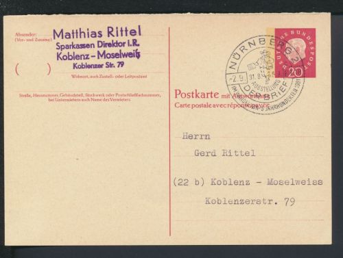 Bund Ganzsache Heuss P 46 II F selt SST Nürnberg Ausstellung DER BRIEF Kat 200,-