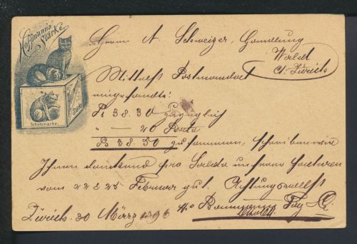 Schweiz Reklame Privatganzsache Hoffmann Stärke mit der Katze ab Zürich n Wald