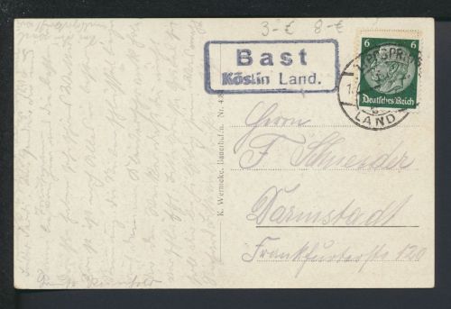 Deutsches Reich Bast über Köslin Pommern Ostgebiete Polen Landpoststempel