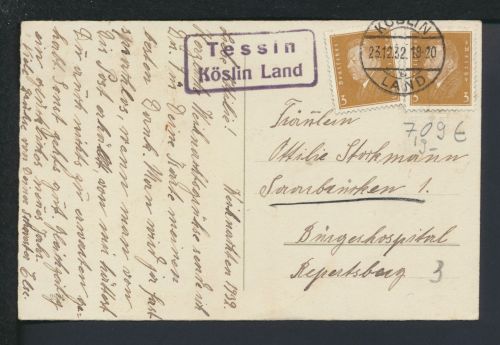 Deutsches Reich Tessin über Köslin Pommern Ostgebiete Polen Landpoststempel