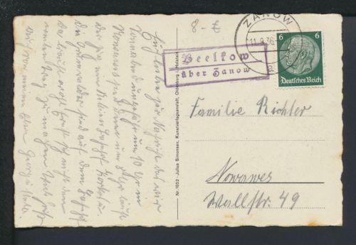 Deutsches Reich Beelkow über Zanow Pommern Ostgebiete Polen Landpoststempel