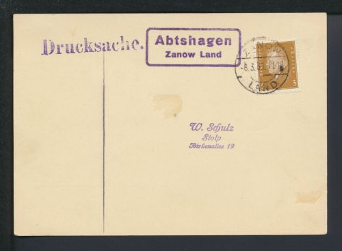 Deutsches Reich Abtshagen Zanow Pommern Ostgebiete Polen Landpoststempel