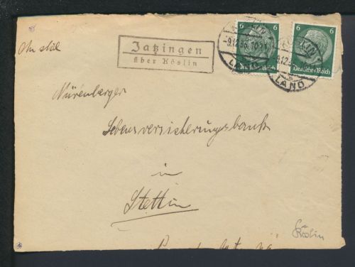 Deutsches Reich Jaßingen über Köslin Pommern Ostgebiete Polen Landpoststempel