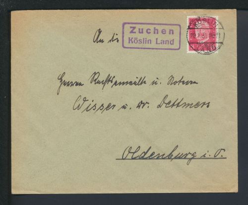 Deutsches Reich Zuchen über Köslin Pommern Ostgebiete Polen Landpoststempel