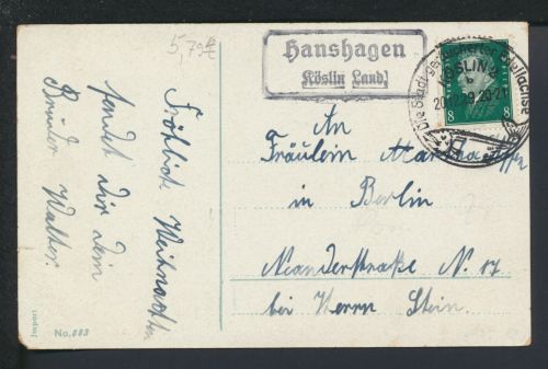 Deutsches Reich Hanshagen über Köslin Pommern Ostgebiete Polen Landpoststempel