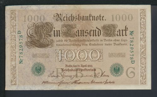 Kaiserreich Geldschein Banknote Reichsbanknote Deutsches Reich 1000 Reichsmark