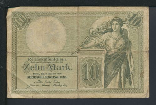 Kaiserreich Geldschein Banknote Reichskassenschein 10 Reichsmark 6.10.1906