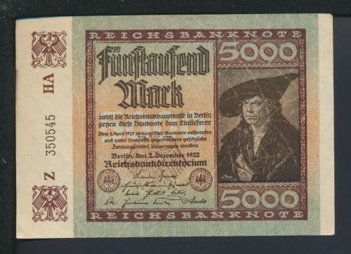 Geldschein Infla Reichsbanknote 5000 Mark 2.12.1922 Wasserzeichen Dornen I - (II)