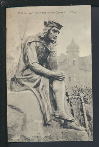 Bahnpost Ansichtskarte Dux Duchov Tschechien Walter von der Vogelweide Denkmal Kunst