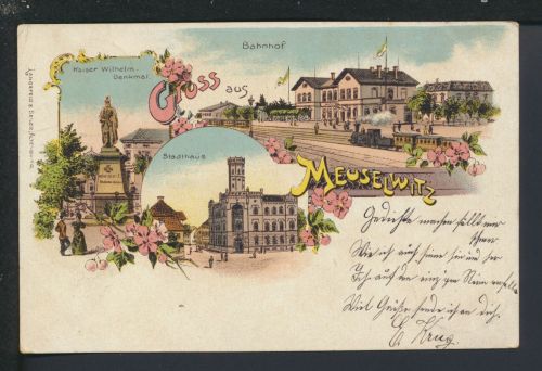 Litho Ansichtskarte Meuselwitz Thüringen Bahnhof Stadthaus Lumpzig 1901