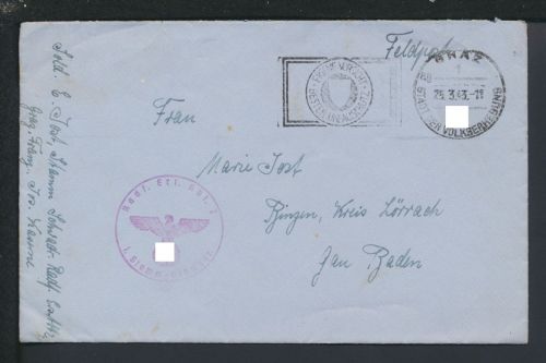 Brief Österreich Graz Propagnada Stempel Stadt der Volkserhebung Feldpost Lörrach
