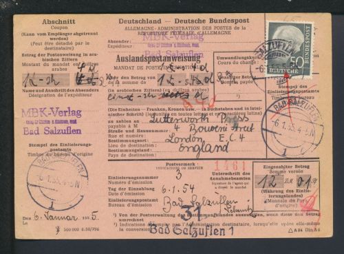 Bund Brief EF 50 Pfg Heuss Auslandspostanweisung Bad Salzuflen NRW London